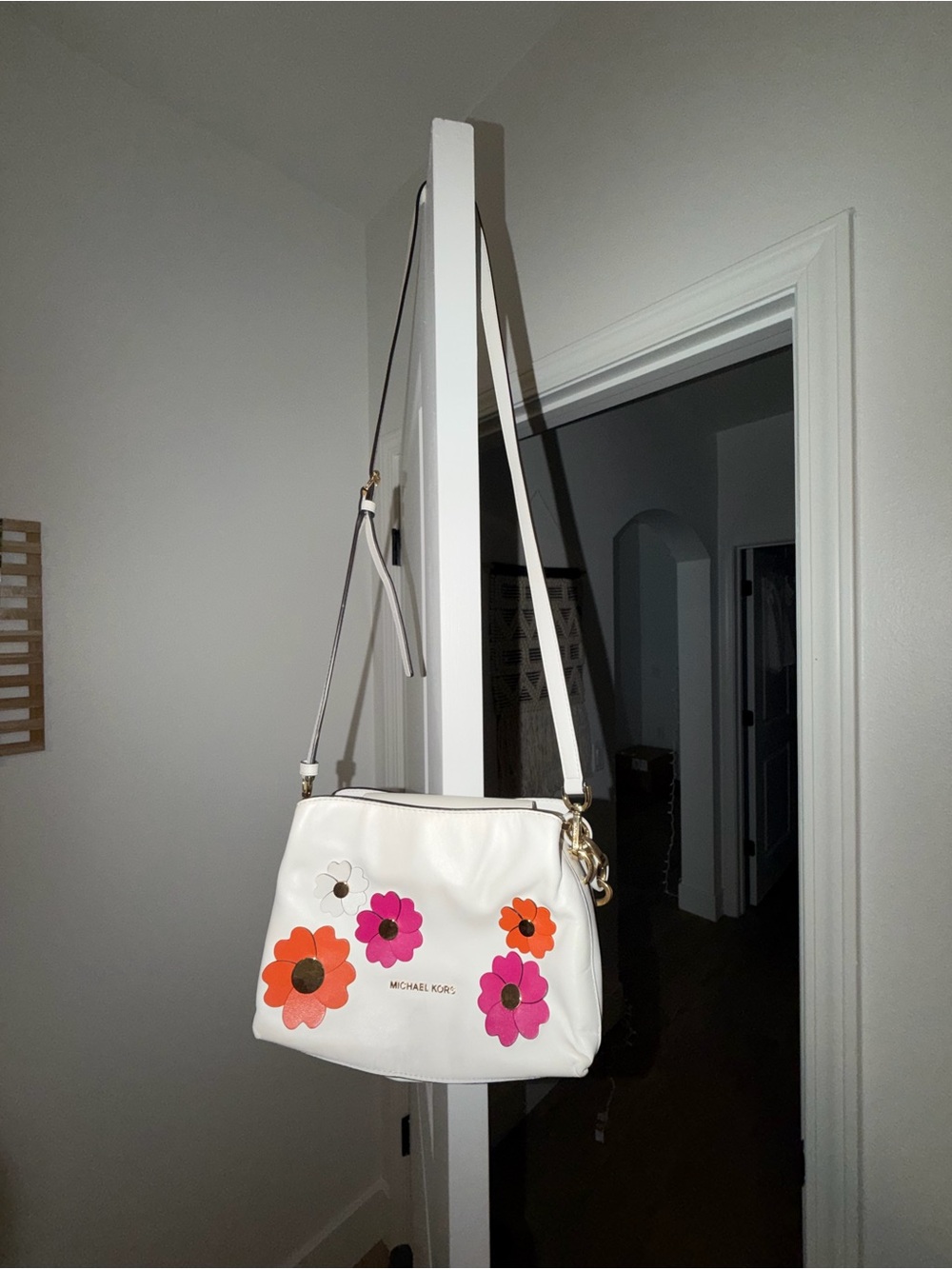 Michael Kors White Floral Shoulder Bag with Pink & Orange Appliqués